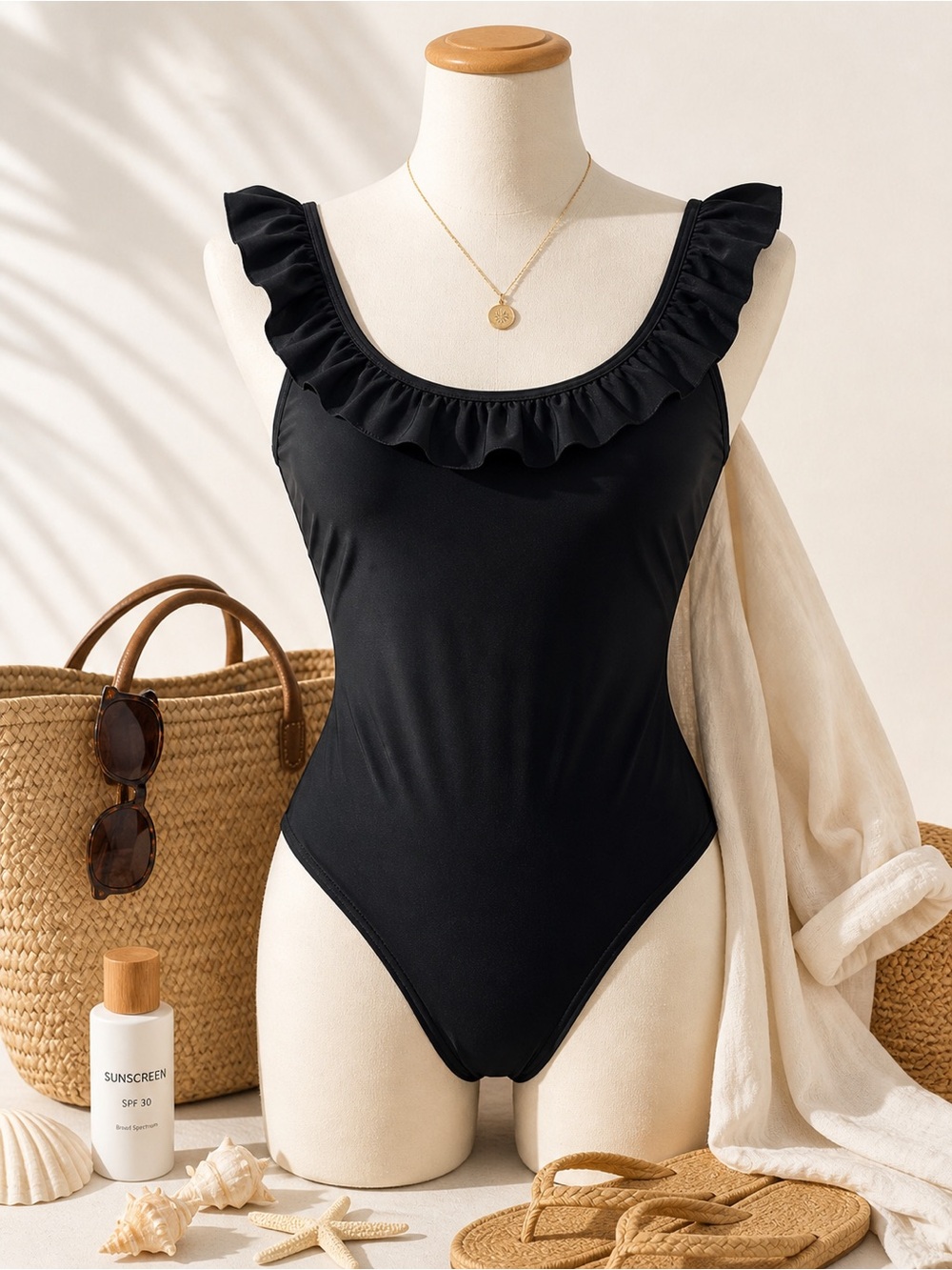 Sugar Coast Black Ruffle One Piece Swimsuit Size M